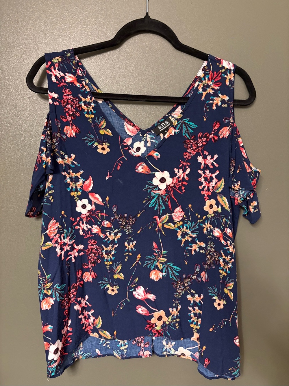 a.n.a Navy Floral Cold-Shoulder V-Neck Blouse